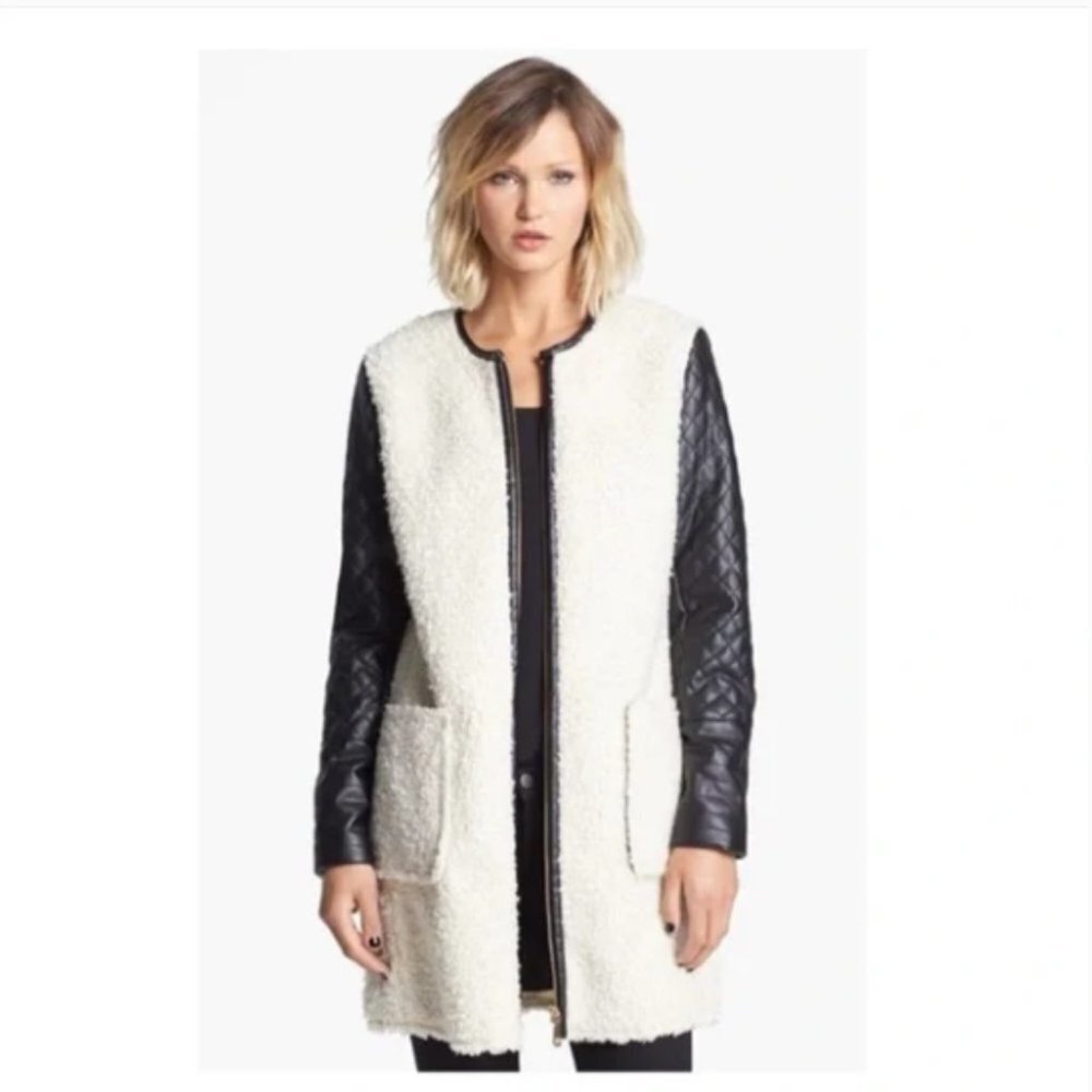 Vince Camuto cream & black shearling faux leather trench coat size  S